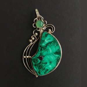 Vintage Malachite Pendant with Sterling Silver Filigree and Jade Accent